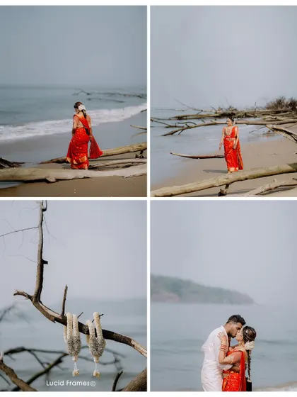 A collage of their beach wedding story, including bridal portraits, detail shots, and a romantic kiss.