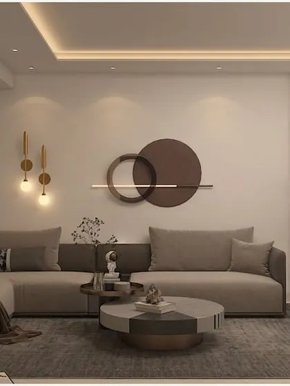A minimalist living room concept with a monochromatic color palette and luxurious textures.
