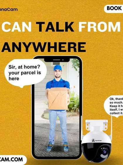 You can talk from anywhere with our camera's two-way audio feature. This example shows a user instructing a delivery person, highlighting its convenience.