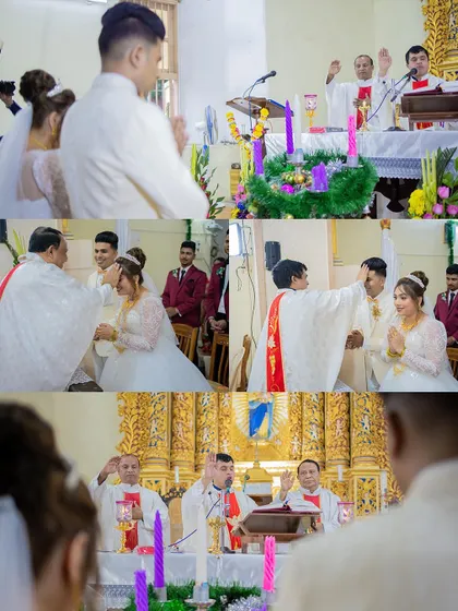 A collection of images showing the key moments of a Catholic wedding mass, including the blessings from the priest.