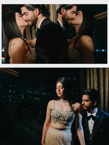 A collage of intimate moments against a glittering city skyline. These shots from a glamorous engagement party capture both a tender kiss and a quiet, shared glance, showcasing the couple's connection in a sophisticated urban setting.