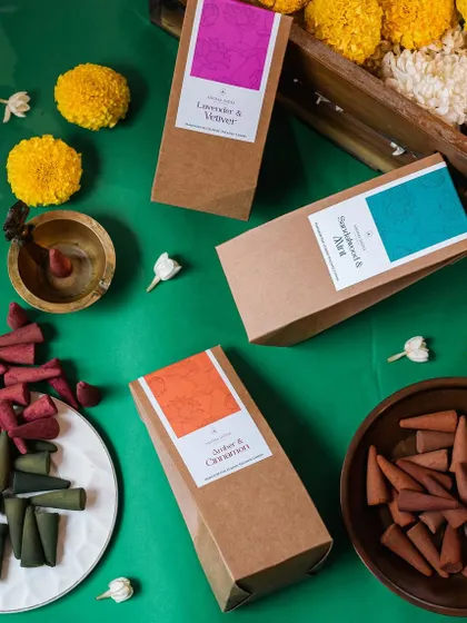 Our latest launch of chemical-free incense cones is perfect for the festive season. This image displays our three signature dhoop cone scents: Lavender & Vetiver, Sandalwood & Mint, and Amber & Cinnamon.