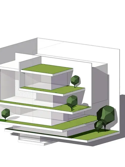 A 3d massing model of scheme 4, showing terraced green spaces.