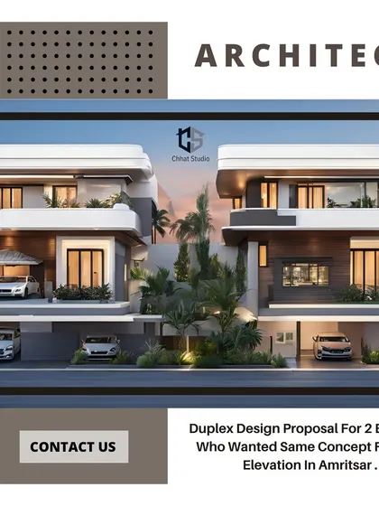 A design proposal for a duplex in Amritsar, created for two brothers who wanted a similar but distinct concept. This image shows the two modern homes side-by-side, featuring large windows, covered parking, and rooftop terraces.