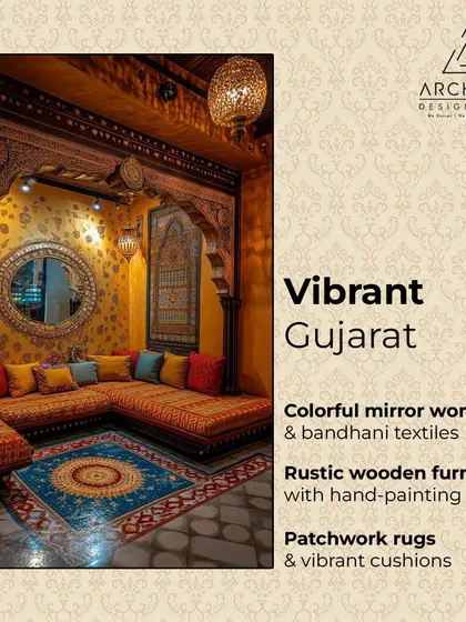 This space captures the vibrant spirit of Gujarat. It showcases colorful mirror work, bandhani textiles, and rustic wooden furniture with hand-painting for an authentic feel.