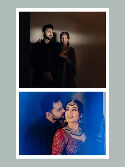 A collection of intimate moments between Vasu and Shilpi. From a classic, moody portrait to a gentle kiss under a soft blue light, these images showcase the couple's deep connection.