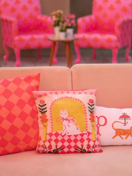 Custom cushions with quirky cat and leopard motifs added a personalized and playful touch to the brunch seating.