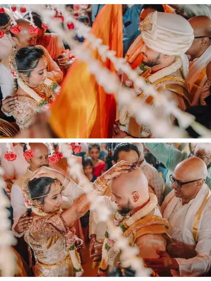 A diptych showing the bride and groom during the Kashi Yatra ritual, a significant and symbolic part of many South Indian weddings.