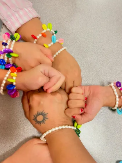 My 6-year-old students made these colourful bead bracelets. It's a wonderful activity for practicing patterns and developing hand-eye coordination.