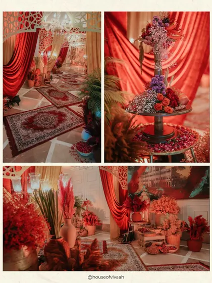 A collage of a "Jashn-e-Sagai" with a rich, warm palette. Details include crimson drapes, Persian-style rugs, and tables adorned with pampas grass and colorful florals.