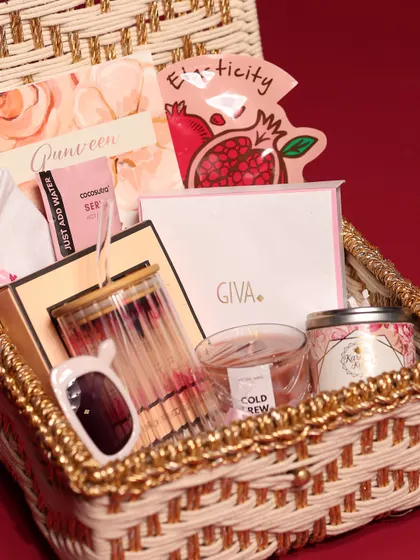 Another view of the Christmas hamper for her, showing the variety of skincare, accessories, and treats.