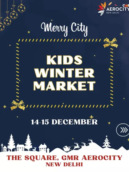 A slightly different design for the Kids Winter Market poster, showcasing a sleigh and reindeer, adding to the magical Christmas theme.