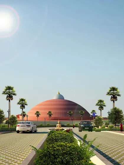 The entrance drive to the Dhamma Dipa International Buddhist University, designed to create a powerful first impression with a direct axis to the main meditation dome.