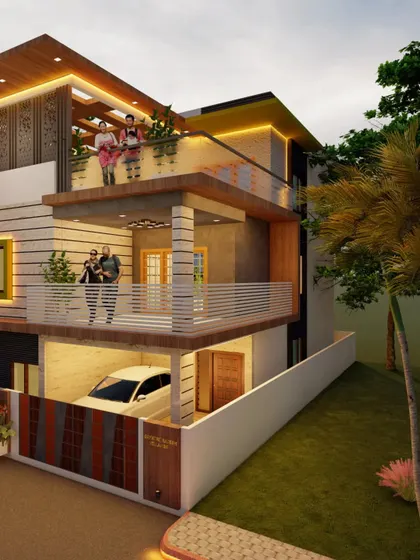 Another angle of the same home, highlighting the lighting under the balconies.