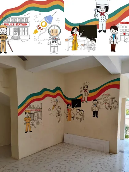 A mural showing different community helpers like a police officer, teacher, and doctor, to teach children about various professions.