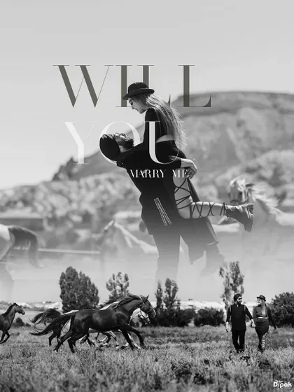 A powerful black and white composite image from a pre-wedding shoot in Turkey, featuring wild horses and a romantic "Will You Marry Me" theme.
