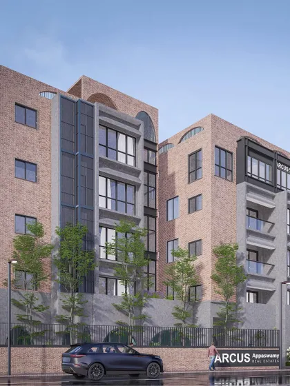 Renderings of the ARCUS project, visualizing the final design with its distinctive brick and grey facade, arched openings, and cantilevered sections.