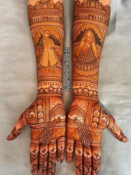 A regal depiction of a bride and groom in traditional wedding attire. The intricate details in their clothing and the architectural frames make this a standout portrait design.