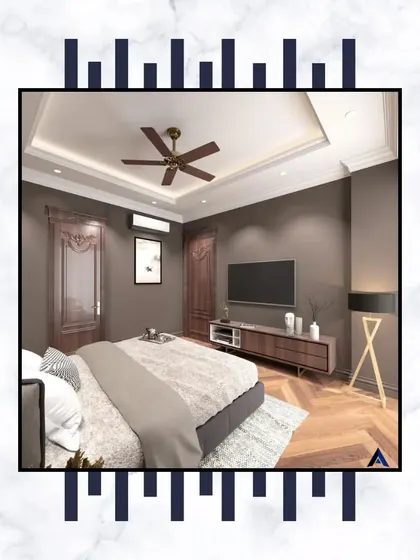 Our bedrooms are designed with plush amenities and luxe designs to give you ultimate comfort. This rendering shows a modern bedroom with herringbone wood flooring and a stylish TV unit.