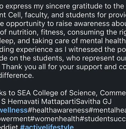A screenshot of my gratitude post after the Women Empowerment Cell workshop. I emphasize that supporting each other is the art of acceptance we should practice daily to build a happy and welcoming community.