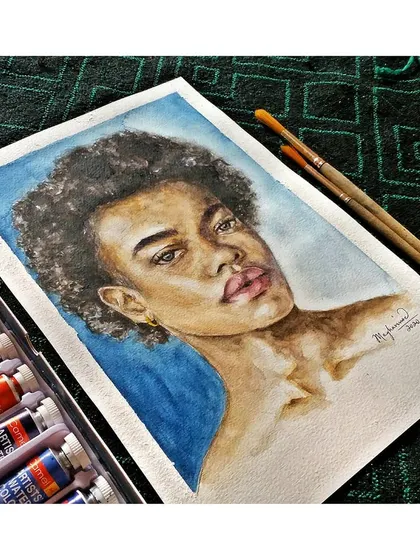 This angled view captures the subtle shading on the neck and shoulders of this watercolor portrait.