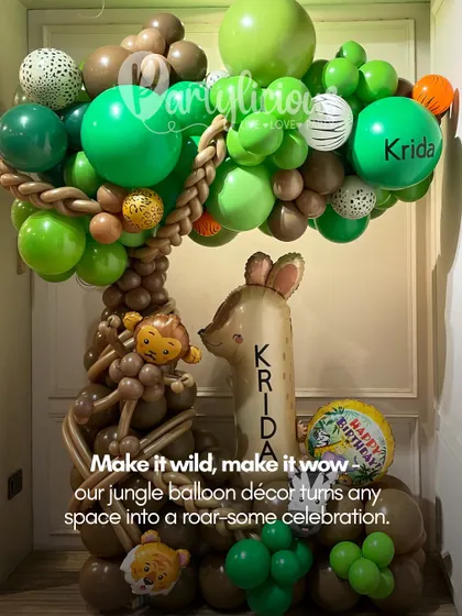 Make it wild, make it wow. Our jungle balloon decor, featuring a tree with a friendly deer and lion, turns any space into a roar-some celebration.