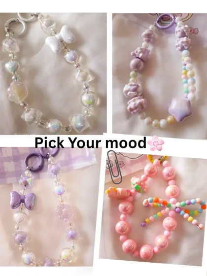 Pick your mood. This collage showcases four different styles of my handmade beaded bag charms, from iridescent white to pastel purple and pink. Each one has its own unique personality.