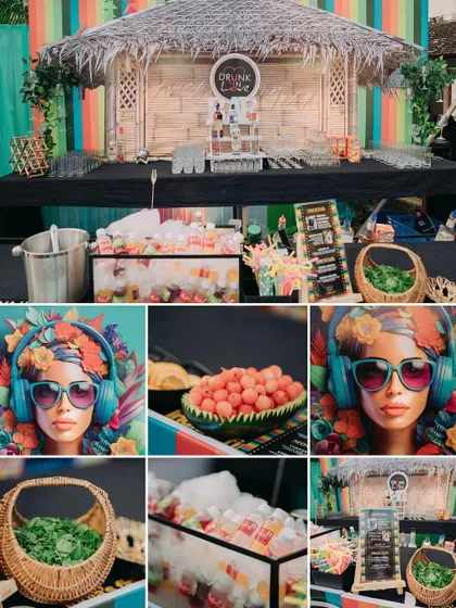 A collage showcasing a quirky and colorful "Drunk in Love" bar setup for a fun Mehendi or Haldi party, complete with themed artwork and fresh fruit.
