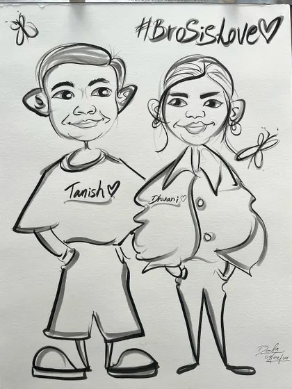 A "BroSisLove" caricature. These full-body drawings are great for capturing the fun dynamic between siblings.