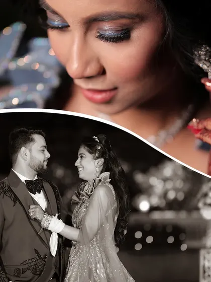 A collage blending a close-up of the bride's makeup with a romantic black and white shot of the couple.