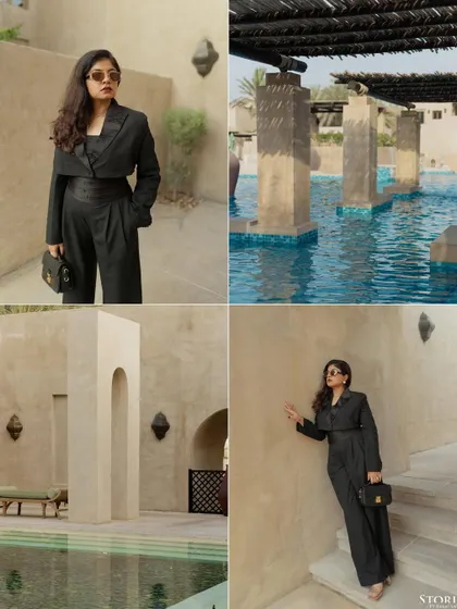 A collage showcasing various looks and locations from a single Dubai shoot, from poolside relaxation to architectural portraits.