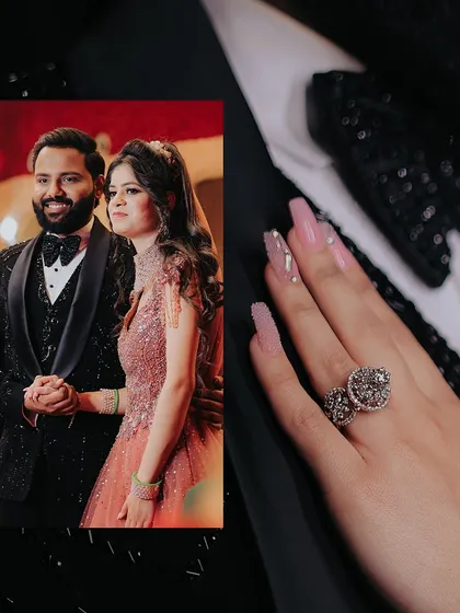 A stylish collage that combines a portrait of the couple with a detailed shot of the bride's stunning engagement ring.