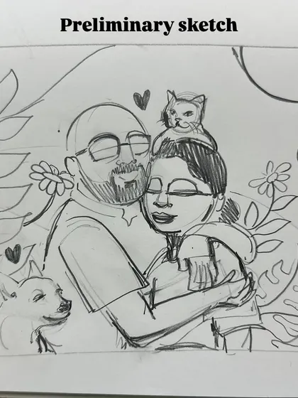 The first step in my process is always a preliminary sketch. This is where I map out the composition for a custom portrait, ensuring all the elements, including the pets, fit perfectly.
