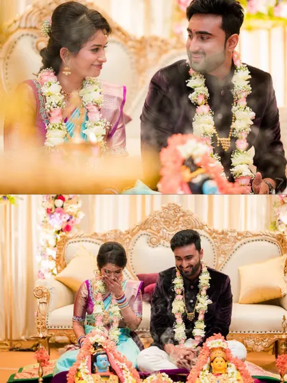 A collage of emotional and happy moments during the engagement ceremony, surrounded by family.