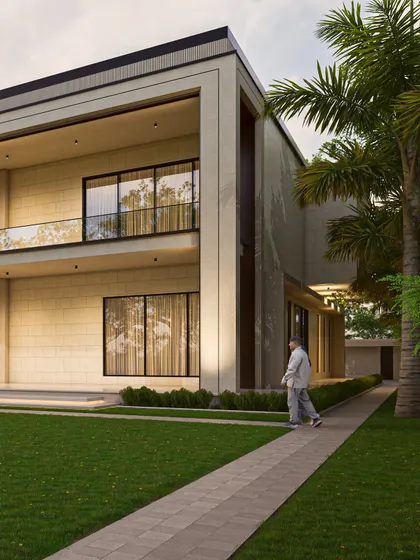 This perspective shows a person walking along the side of the farmhouse, giving a sense of the building's human scale. The design feels grand yet approachable, with a clear connection to its natural surroundings.