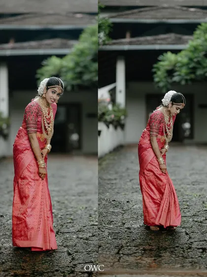 A diptych of the bride's elegant poses in her pink wedding saree.