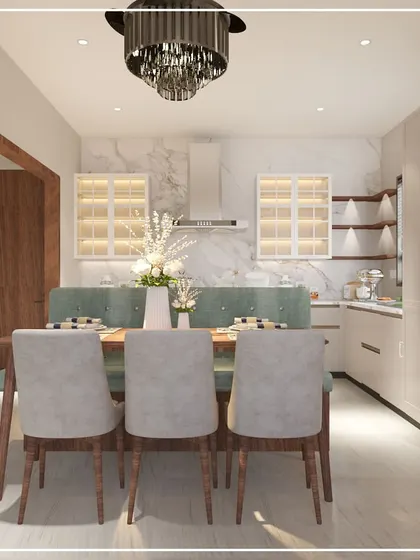 A wider view of the open-plan kitchen and dining 3D render, emphasizing the chandelier and the overall elegant and cohesive design.