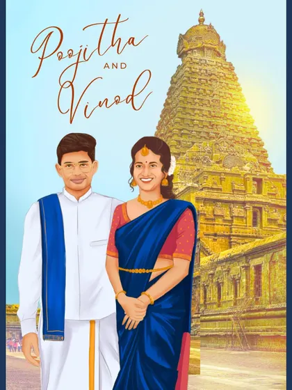 A custom wedding illustration for a couple, set against the iconic Brihadeeswarar Temple. I love incorporating significant landmarks into my portraits to make them even more personal.
