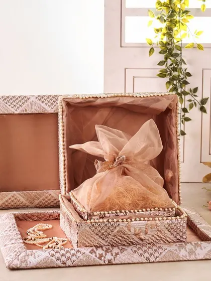 This is another view of my fabric-covered trousseau box set, showing how the inner tray can be used to display delicate items. The soft, padded interior ensures that everything is kept safe and secure.