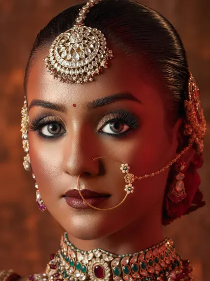 A macro beauty shot focusing on the dramatic bridal eye makeup and deep lipstick. The lighting accentuates the rich tones and the sparkle of the jewelry, creating an intense and captivating portrait.