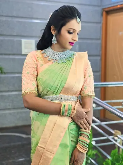 A side profile showcasing the elegant AD choker and matching earrings, a perfect choice for a sophisticated look.