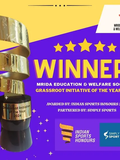 A graphic celebrating Mrida Education & Welfare Society's win for Grassroot Initiative of the Year. This award is a testament to their resilience and unwavering commitment to empowering youth.