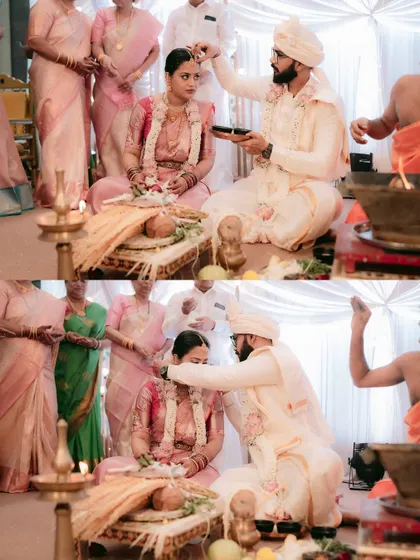 A collage showing the sacred rituals of a South Indian wedding, including the tying of the mangalsutra.