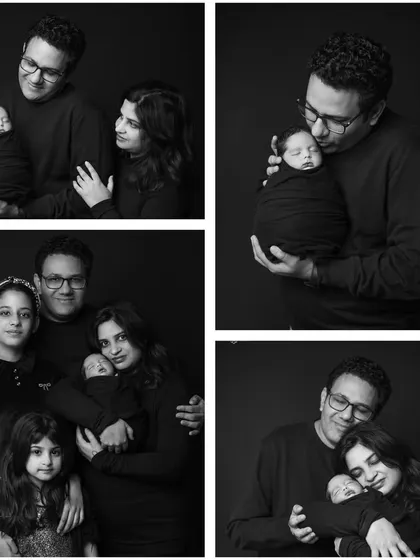 This black and white collage captures the love of a whole family, showing different interactions between the parents, siblings, and the new baby.