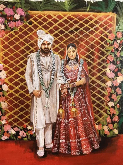 A close-up of the couple from the Amaanta Farms wedding. The detail in the bride's kaleeras and the groom's safa are highlights of this portrait.