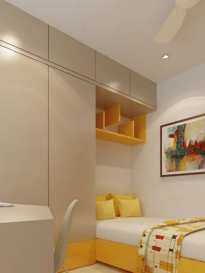 A compact and efficient kid's room with a yellow and white theme, featuring a bed with storage and an integrated study unit.