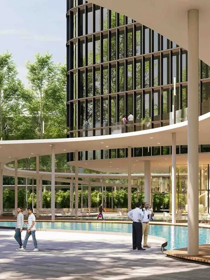 We believe corporate campuses should be vibrant public realms. At this tech campus, we used elevated curving podiums and integrated water features to create distinct zones for tenants and the public, promoting collaboration, relaxation, and a harmonious connection with the surrounding nature.