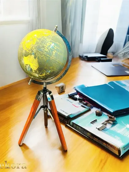 A decorative world globe set on a modern wooden tripod stand. This piece is perfect for adding a touch of worldly sophistication to a home office or study area.