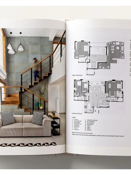 A look inside the "Timeless Interiors" book, showing the feature on our 'Open House' project. The spread includes images of the space alongside the floor plans, illustrating the connection between our architectural plans and the final built environment.