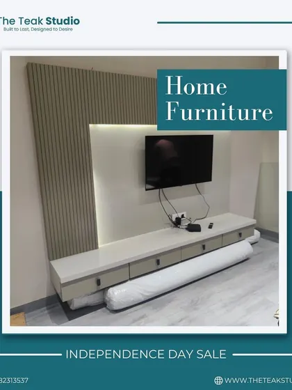 An advertisement for our Independence Day sale, featuring a custom floating TV unit with a fluted back panel. This highlights our ability to create integrated and modern media storage solutions.
